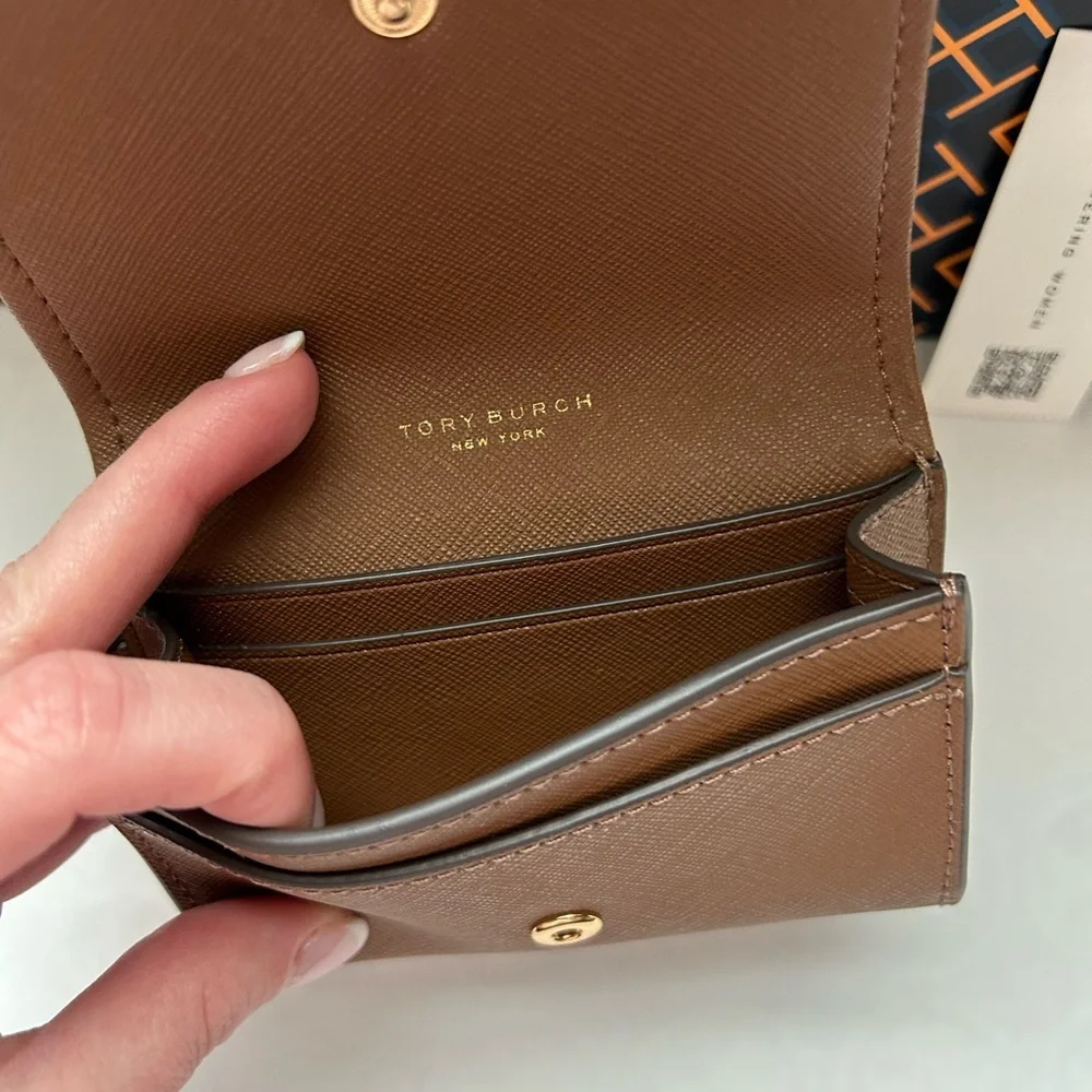 Tory Burch Emerson Flap Card Case Wallet Moose Tan Brown Gold